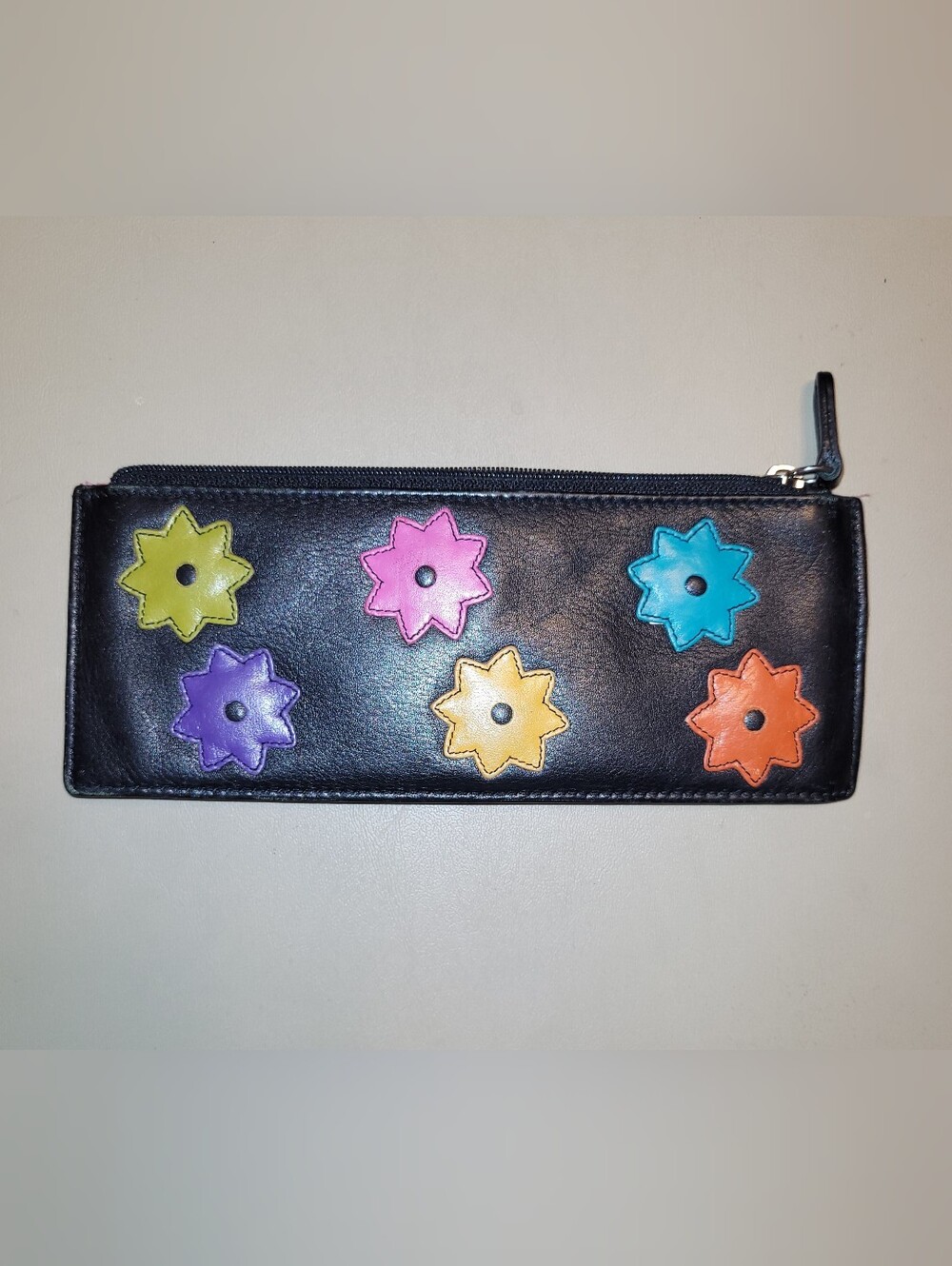 Black Leather Floral Zip Wallet with Multicolor Accents. RFID